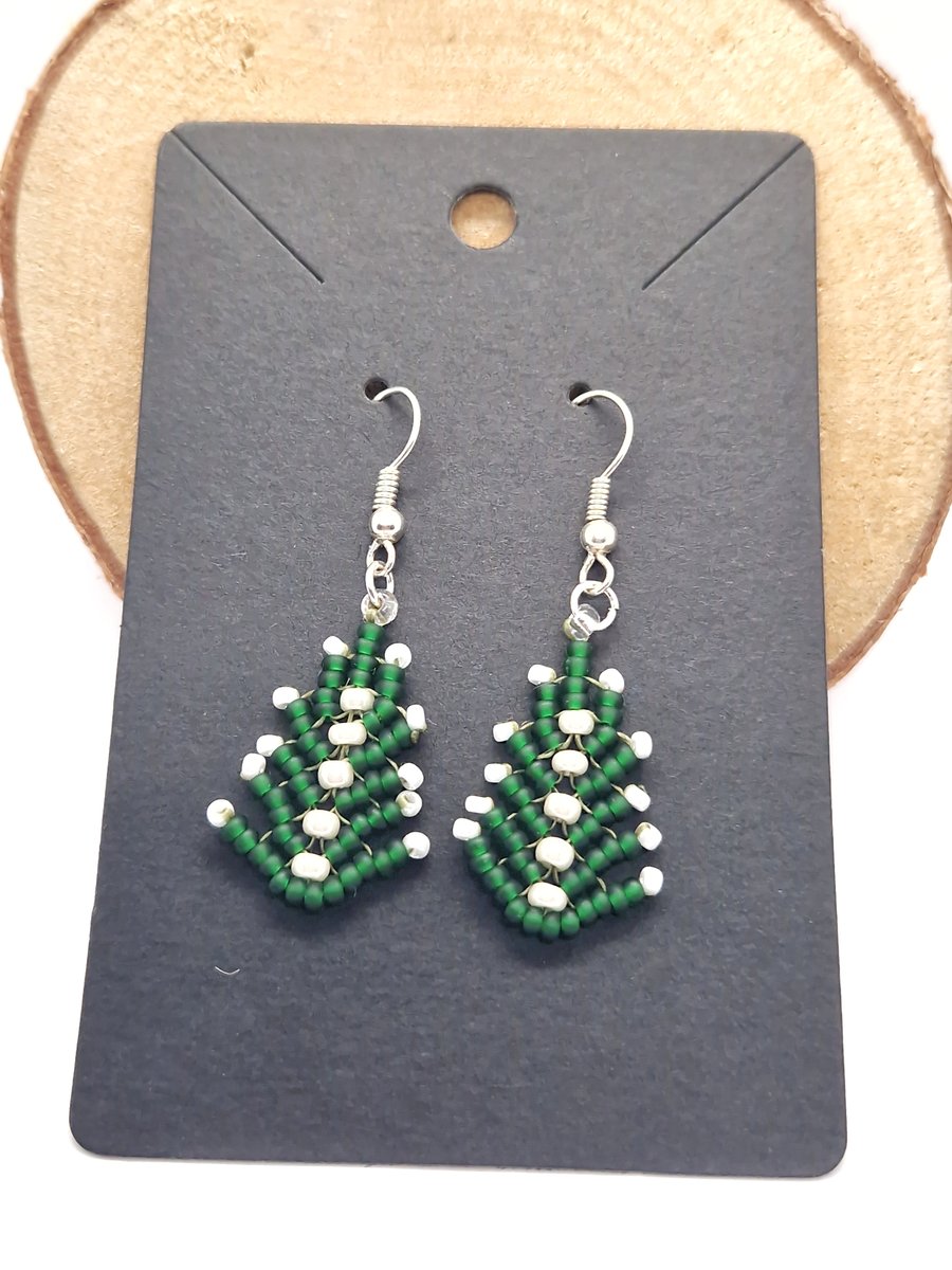 Snowcapped green Christmas tree beaded earrings