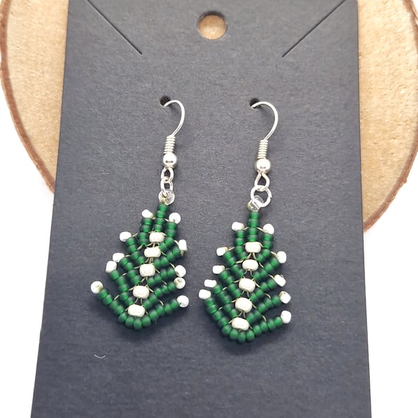 Snowcapped green Christmas tree beaded earrings