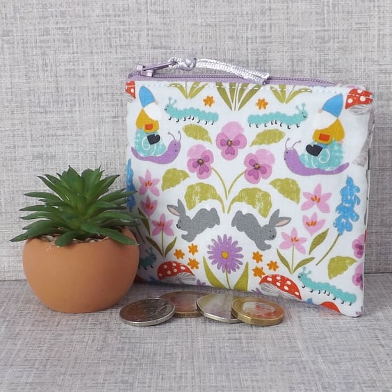 Small purse, coin purse, gnomes, mushrooms, bunnies