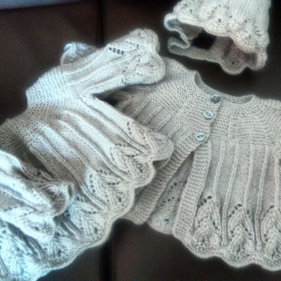 Beautiful lacy  baby  dress and jacket with bonnet in dove grey