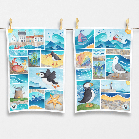 Seaside Tea Towel Set x2 - Cotton Coastal Kitchen Towels - Puffin, Seagull, Boat