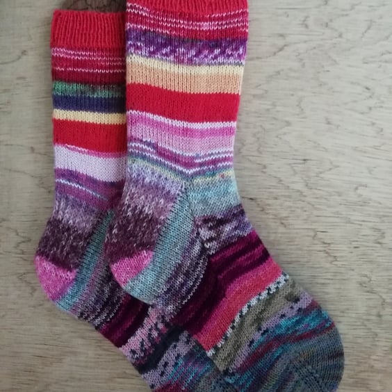 Socks, hand knitted, MULTICOLOURED, Medium, size 5-6