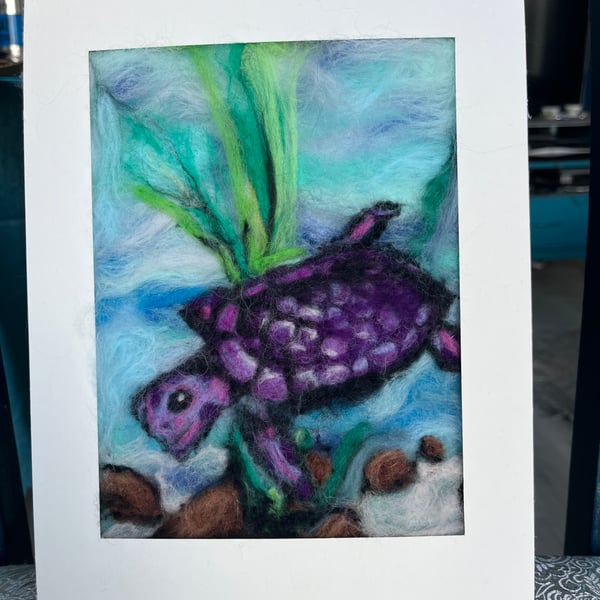 Purple Turtle - Wool painting needle felt wall art 