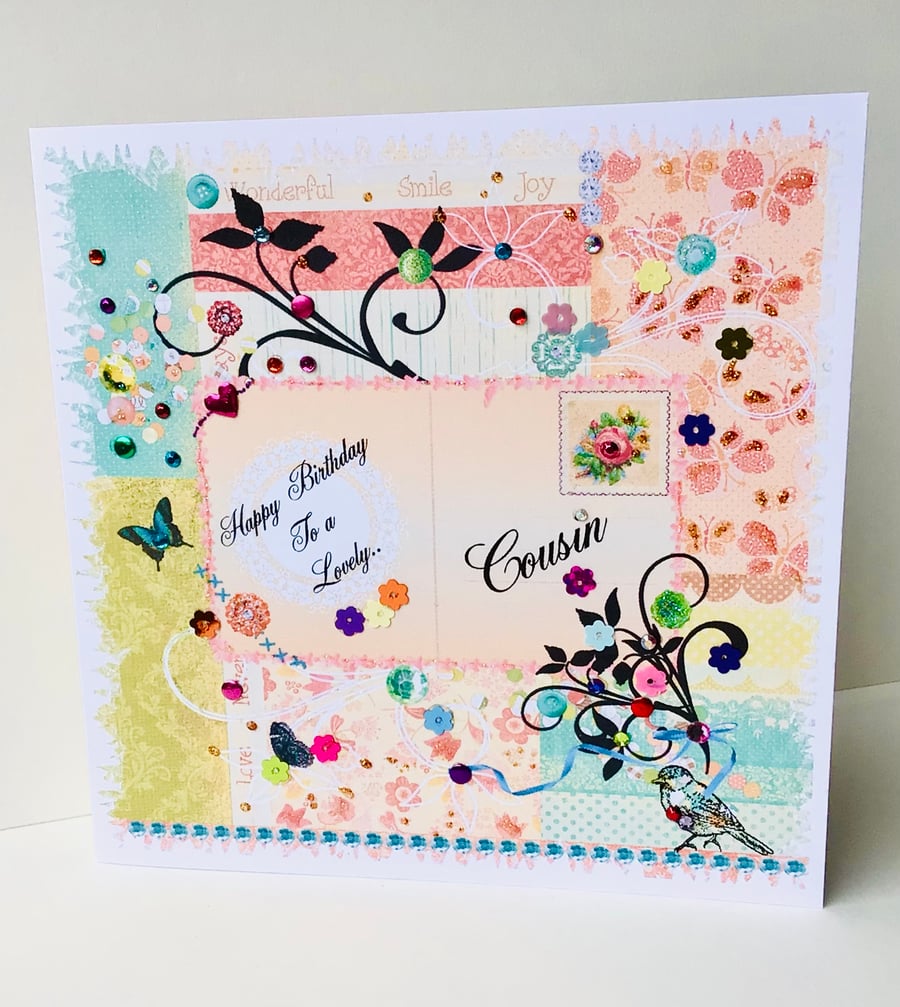 Birthday Card Cousin,Printed Handfinished Design, Can Be Personalised 