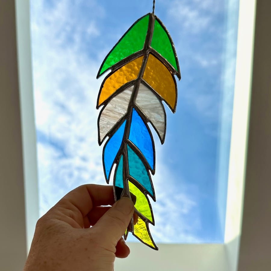 Stained Glass Feather Suncatcher - Handmade Hanging Decoration - Mallard 