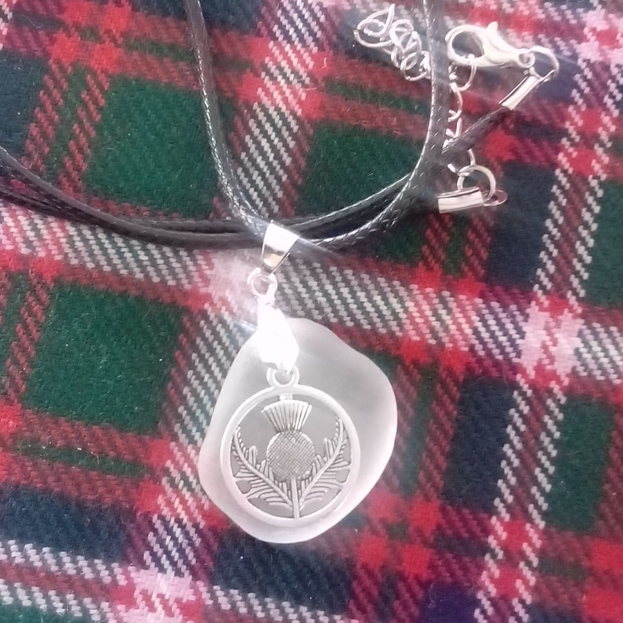 Scottish seaglass and thistle pendant, beach glass jewellery gift handmade in Sc