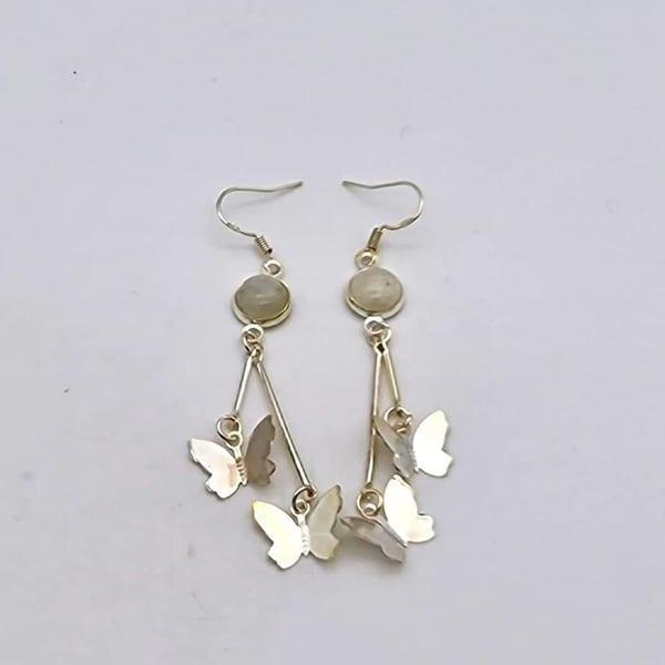 Chalcedony Gemstone With Butterfly Long Dangle Earrings-Sterling Silver Ear Wire