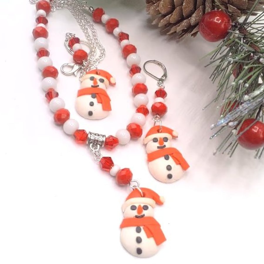Clay Snowman Pendant on a Red and White Beaded Necklace and Earrings