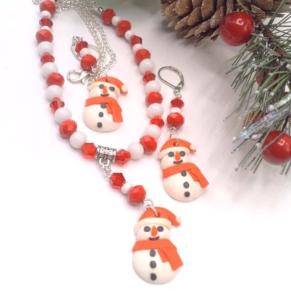 Clay Snowman Pendant on a Red and White Beaded Necklace and Earrings