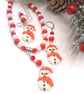 Clay Snowman Pendant on a Red and White Beaded Necklace and Earrings