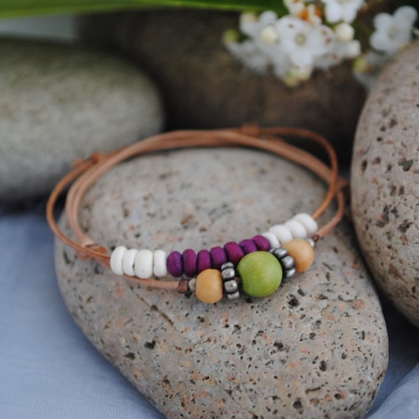 Friendship Bracelets-TWO leather wood beads & coconut shell