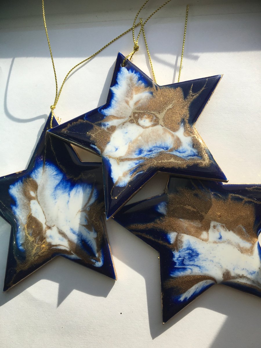 Christmas ornaments, Christmas decorations, stars, set of 3, blue, gold, white