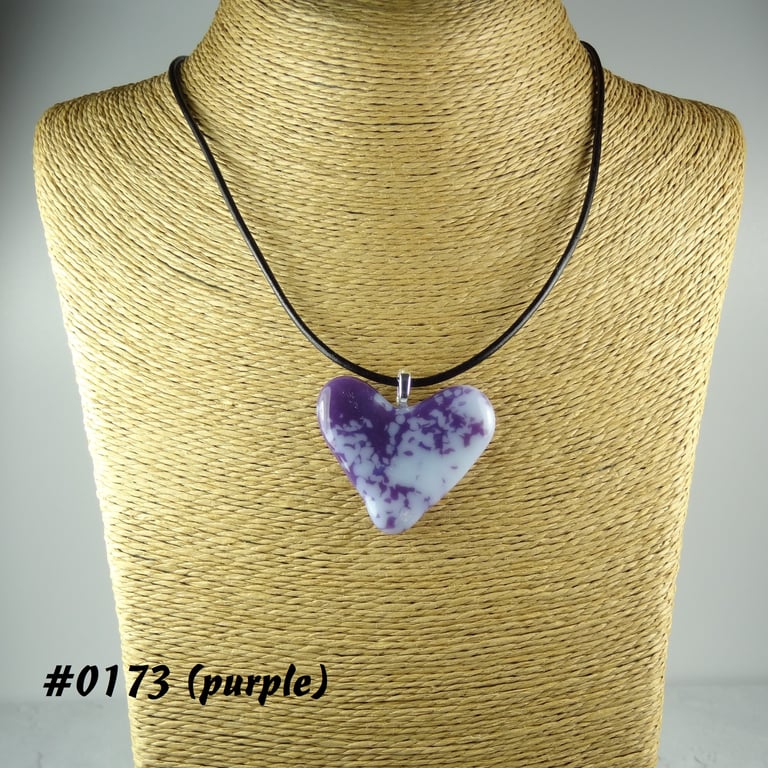 Purple handcrafted fused glass heart pendant on a black leather cord (0173)