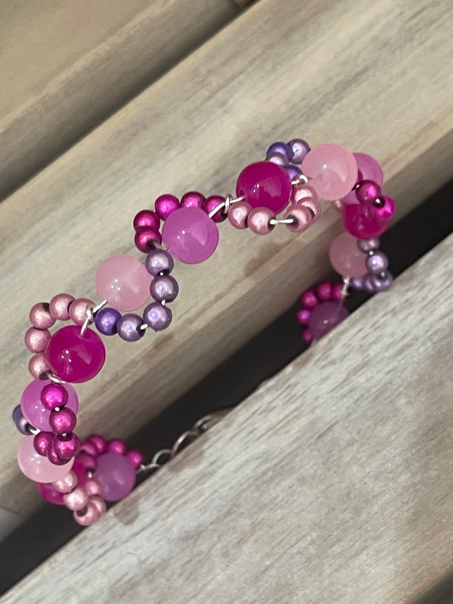 Glass bead and wire pink wave bracelet - made to order size