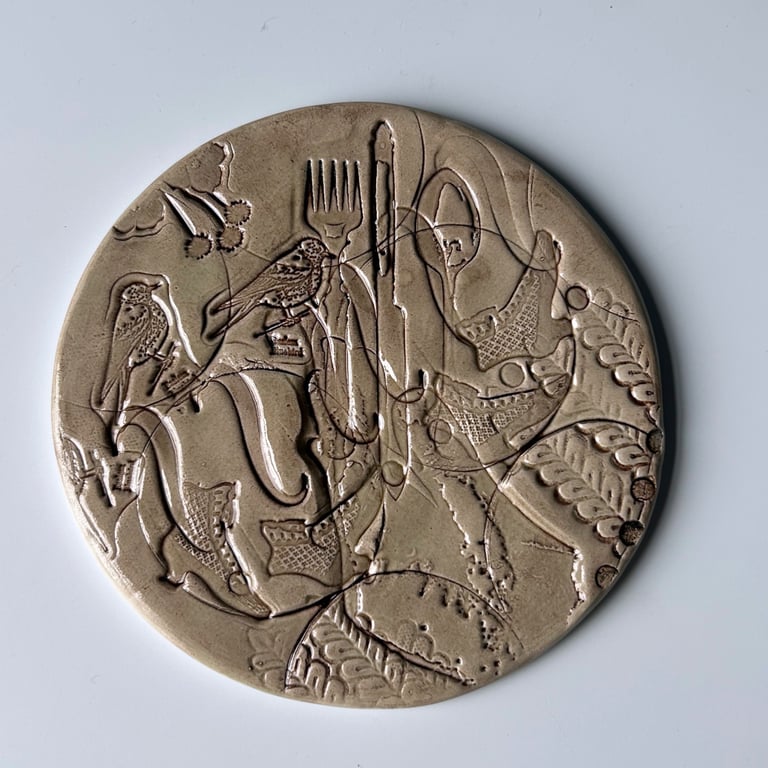 Textured Ceramic Plaque: Shoes and Cutlery