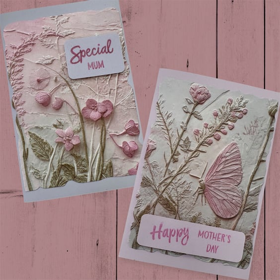 Birthday card for mum, pastel 3D embossed flowers, butterfly 