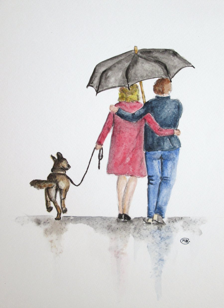 Couple together walking the dog