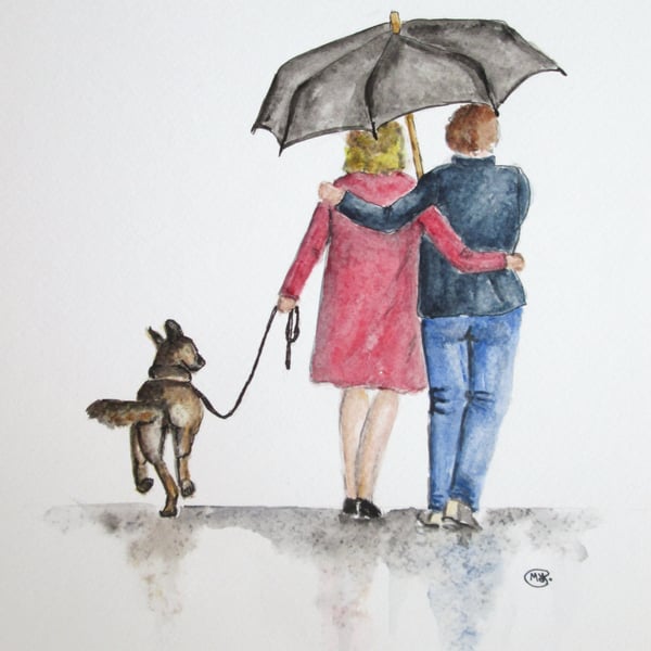 Couple together walking the dog