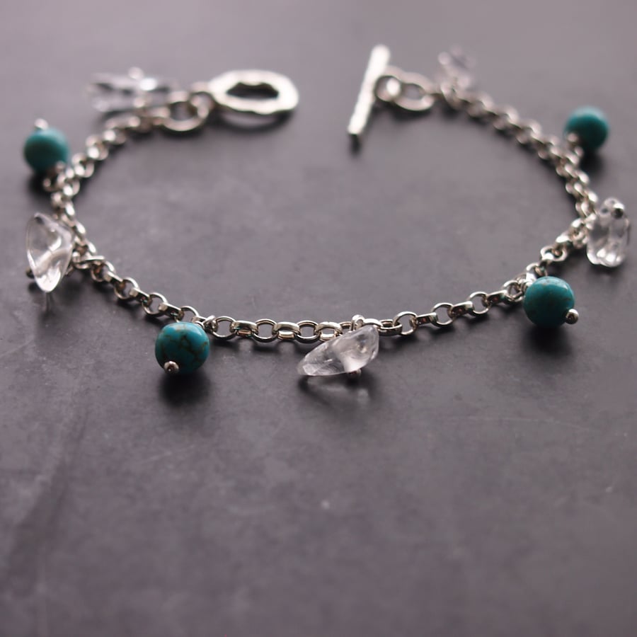 Sterling Silver Chain Bracelet with Quartz Crystal and Turquoise