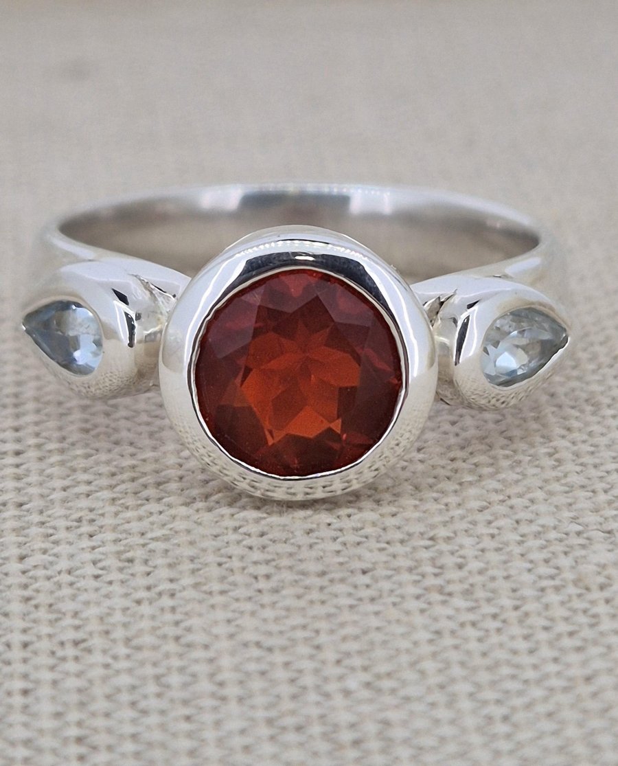 Mexican Fire Opal & Aquamarine Sterling Silver Statement Ring