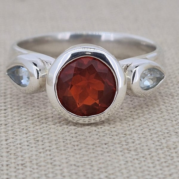Mexican Fire Opal & Aquamarine Sterling Silver Statement Ring