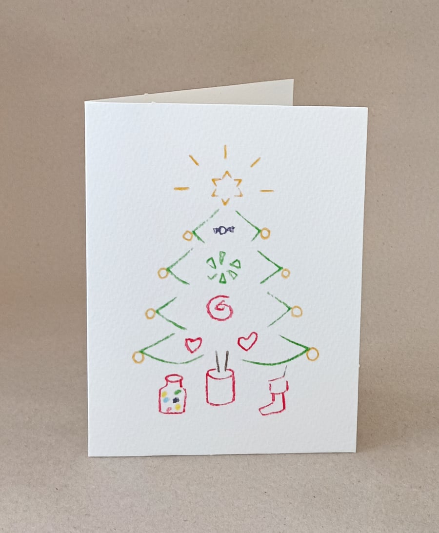 Candy Christmas Tree card hand drawn, from handcut stencils blank inside