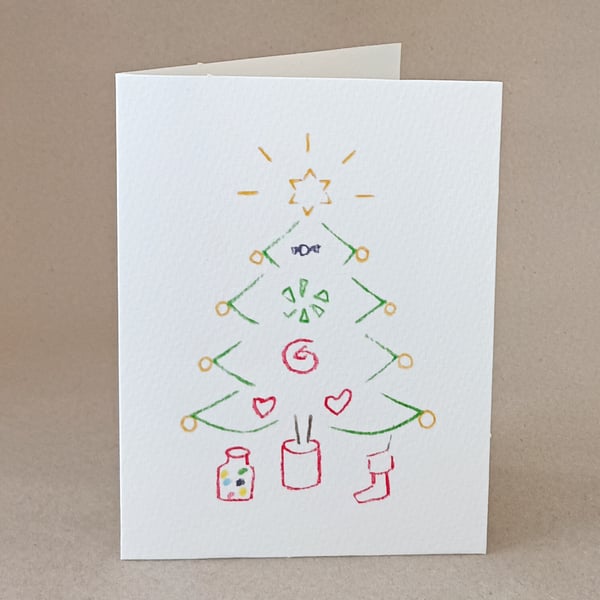 Candy Christmas Tree card hand drawn, from handcut stencils blank inside