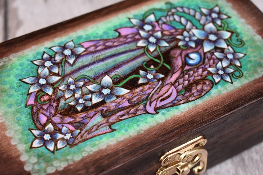 Rustic flower dragon pyrography wooden box, jewellery box, treasure keeper.