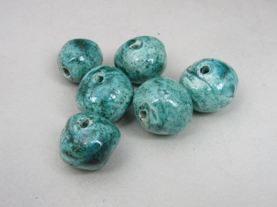 6 Medium Jade Green Glazed Clay Beads