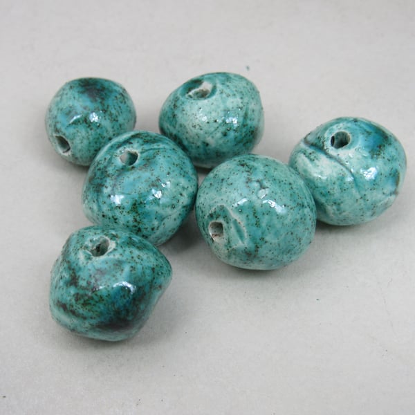 6 Medium Jade Green Glazed Clay Beads