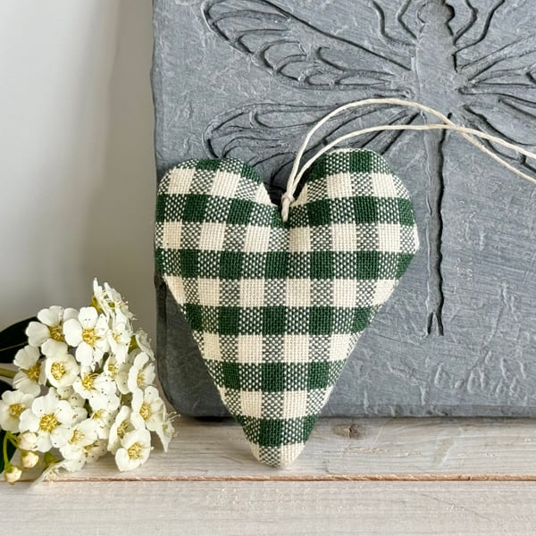 MINI HEART DECORATION - dark green gingham checks, with lavender