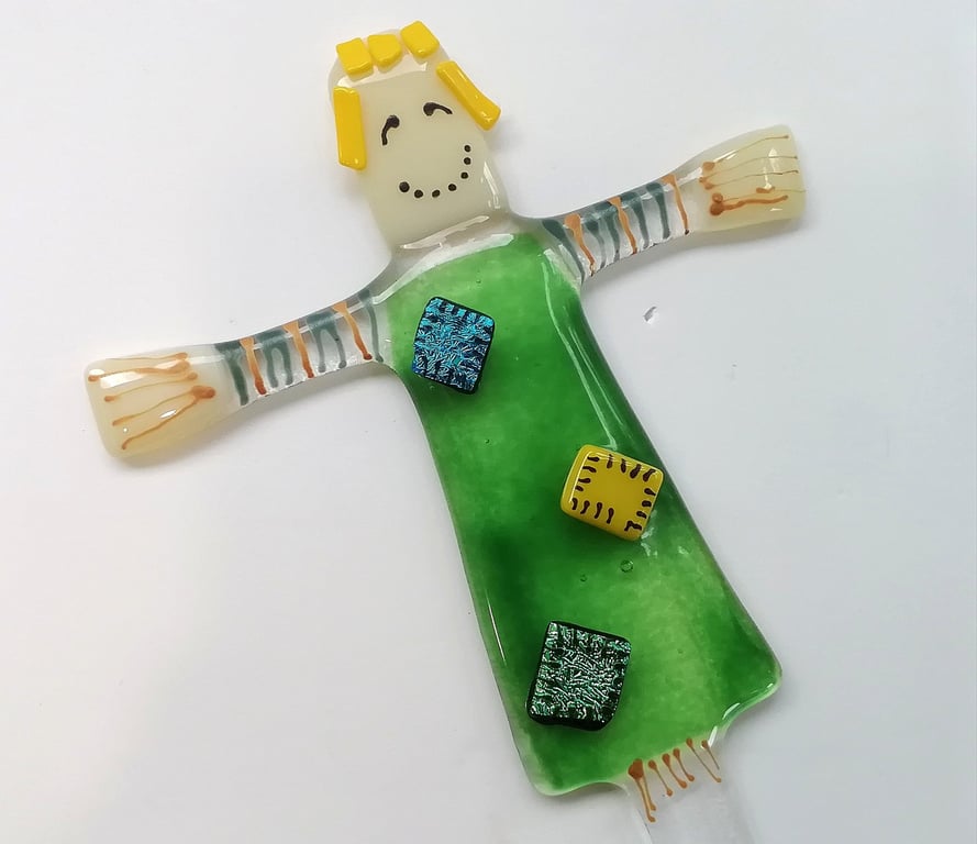 Scarecrow plant stake, fused glass patio decoration, gift for Mum, garden art. 