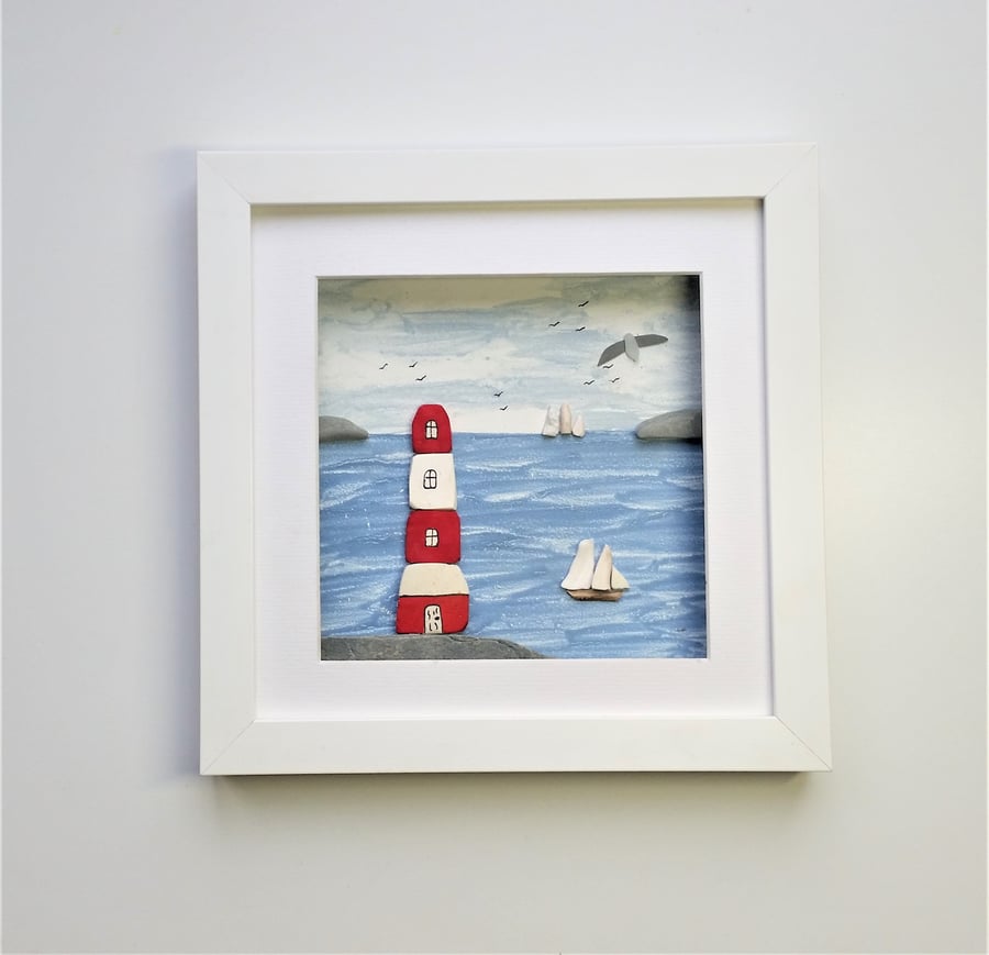 Red and White Lighthouse, Sailing Ships, Mixed Media Wall Art, made in Cornwall