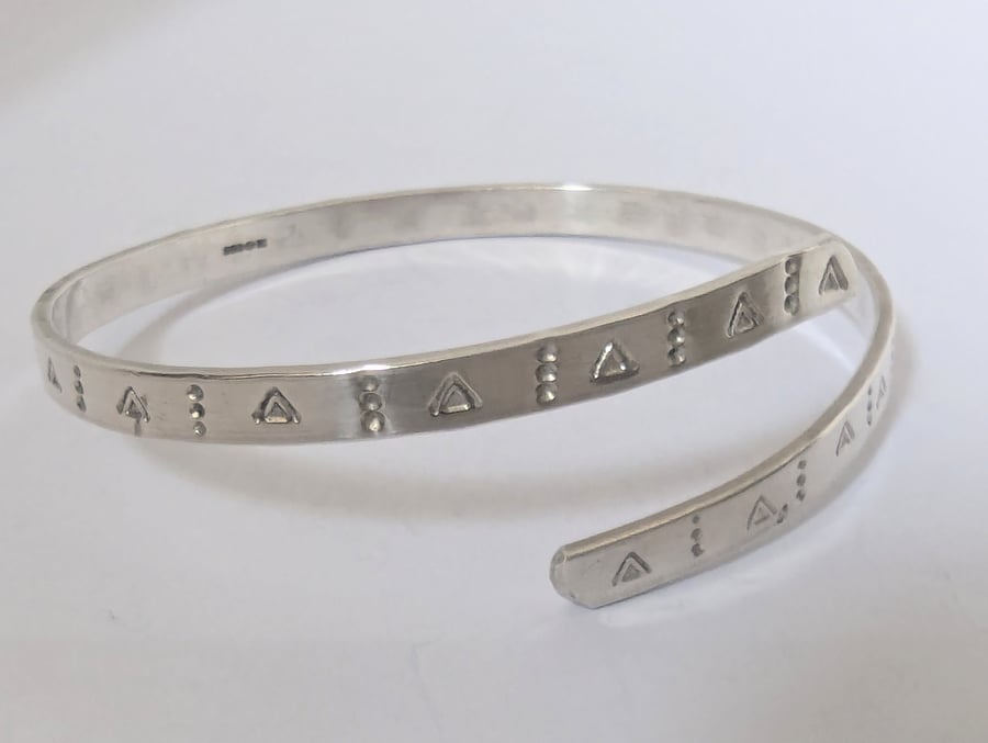Dot and Triangle Pattern Bangle, Recycled Sterling Silver, Hand Stamped 