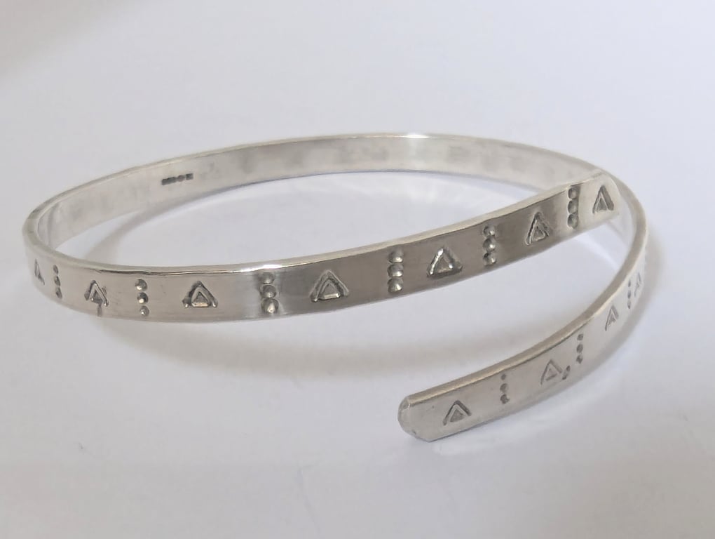 Dot and Triangle Pattern Bangle, Recycled Sterling Silver, Hand Stamped 