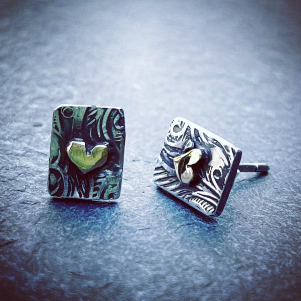 Gold Heart Studs, oxidised silver studs, rectangle silver studs, gold and silver