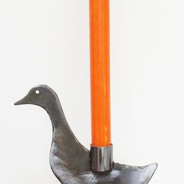polished sculptured metal duck candle holder