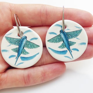 Handmade Flying Fish Ceramic Earrings with Silver Coloured Ear Wires