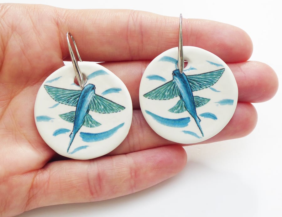 Handmade Flying Fish Ceramic Earrings with Silver Coloured Ear Wires