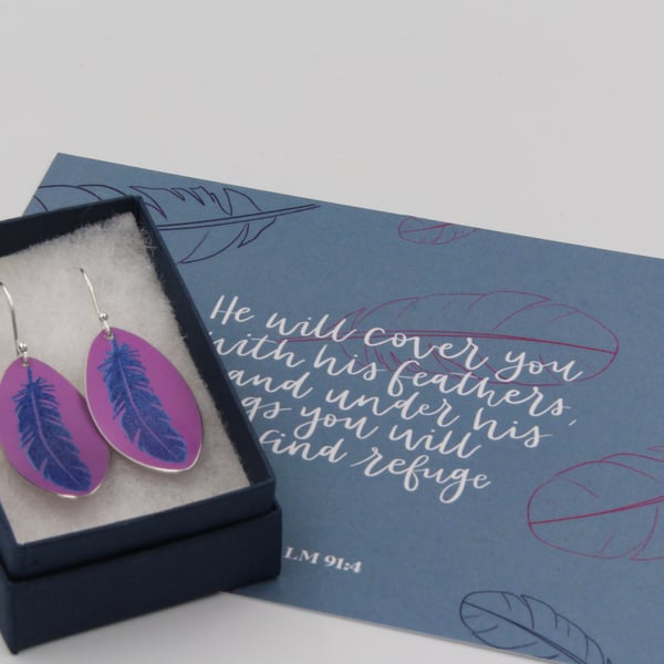 Pink anodised aluminium oval feather earrings and postcard set