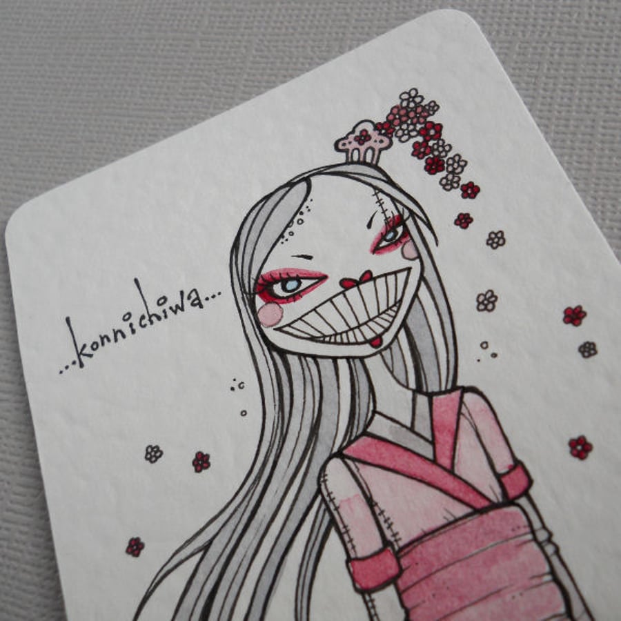 pink zombie geisha and cherry blossom - original aceo