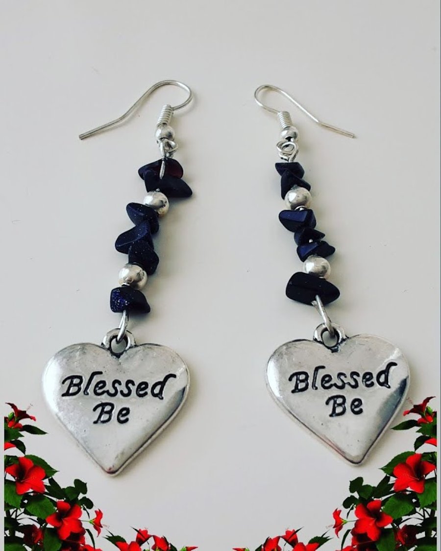 Hand Crafted Tibetan Silver 'Blessed Be' Symbols with  Black Agate Stones Drop E