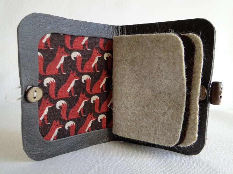 Needle Case in Brown Leather with Fox Fabric Interior - Needle Book