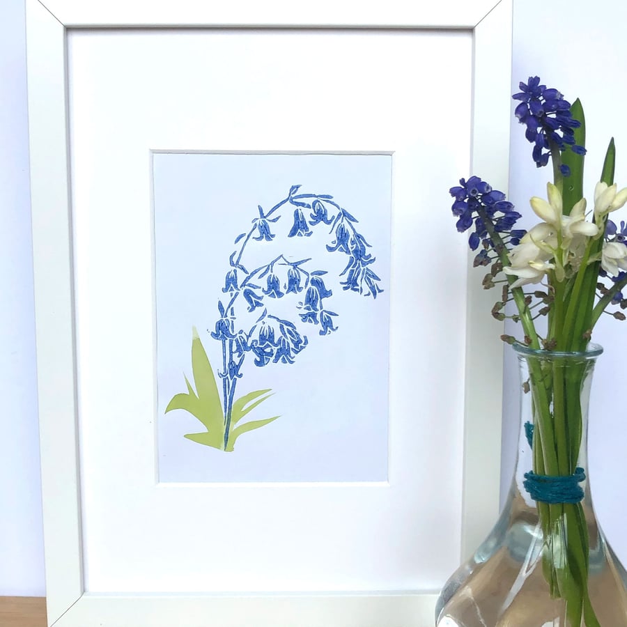 Original Lino cut hand printed wild flowers bluebells 