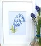 Original Lino cut hand printed wild flowers bluebells 