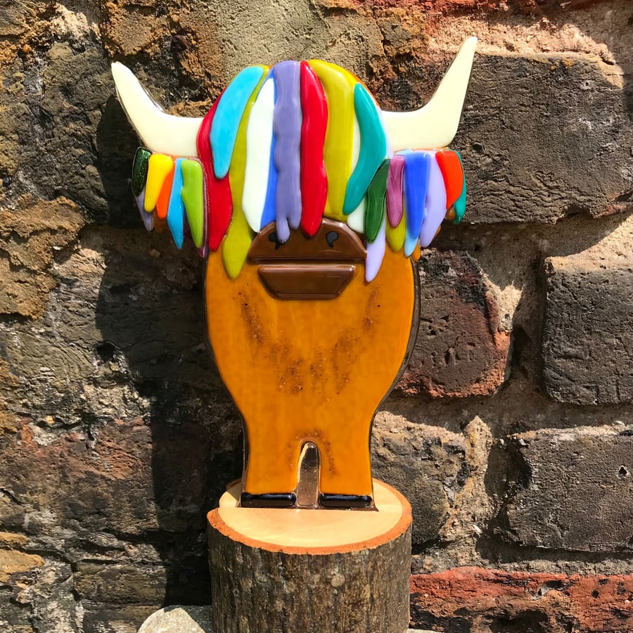 Fused glass Highland cow figure each one is unique comes on a natural wood log