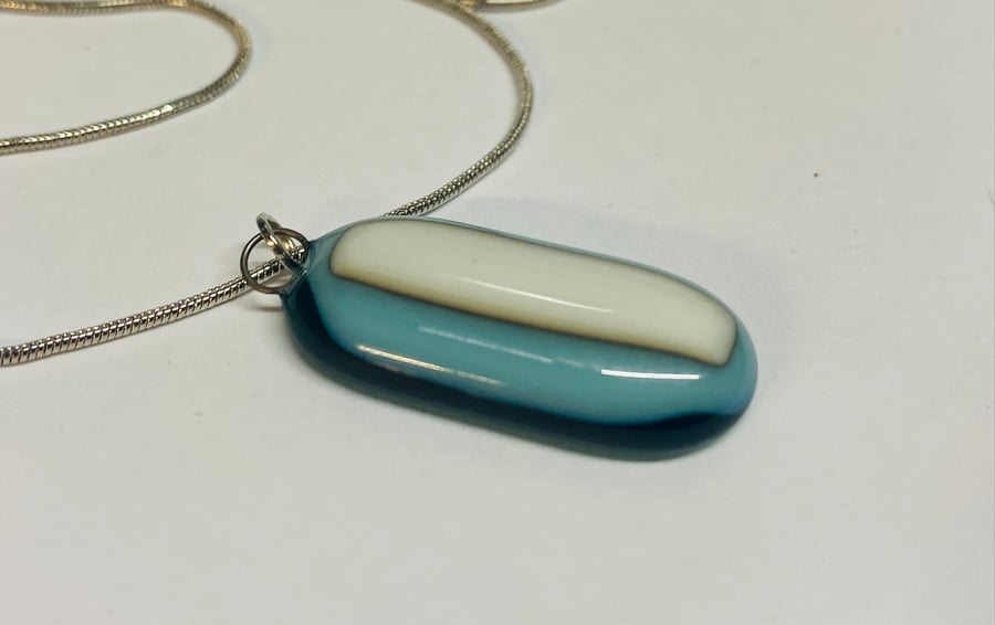Beautiful Handmade Cream and Blue Fused Glass Pendant 
