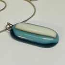 Beautiful Handmade Cream and Blue Fused Glass Pendant 