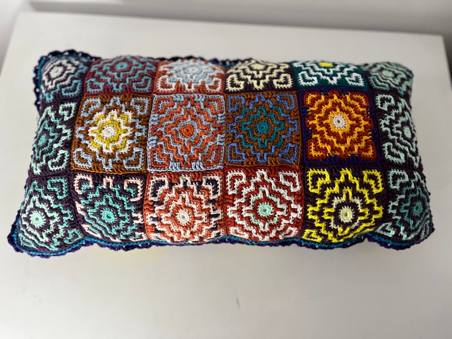 Crocheted rainbow cushion pillow 30x52 cm