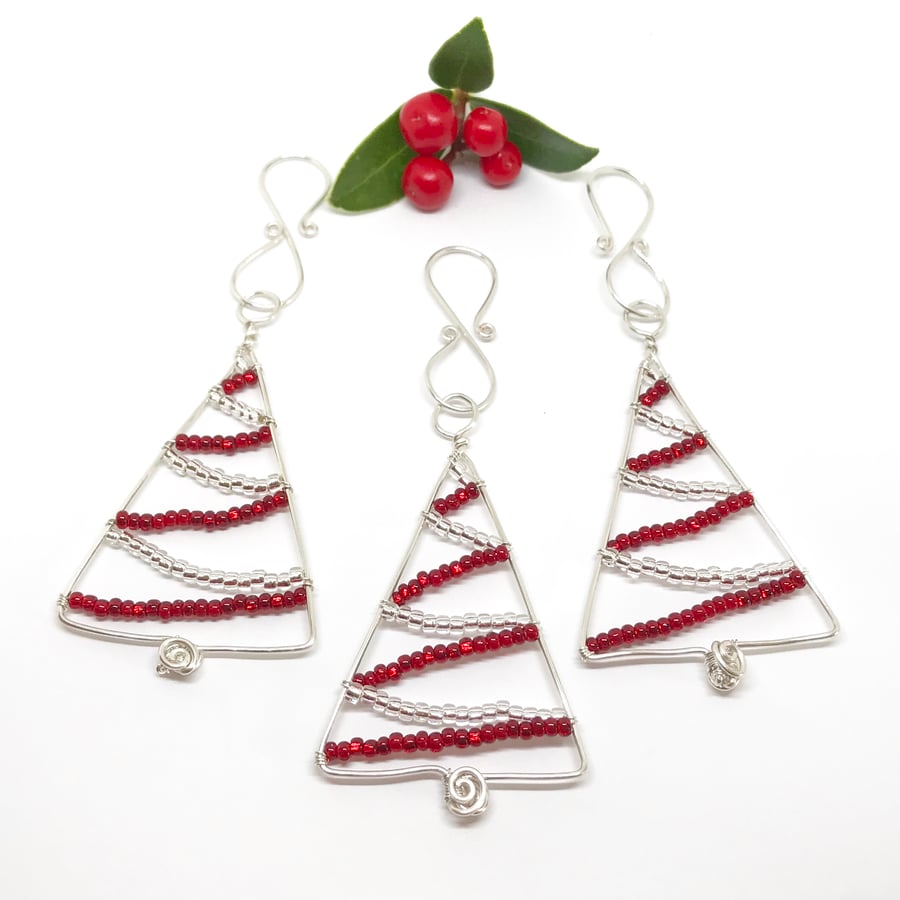 Christmas Tree Decorations, Red and Silver, Set Of Three, 